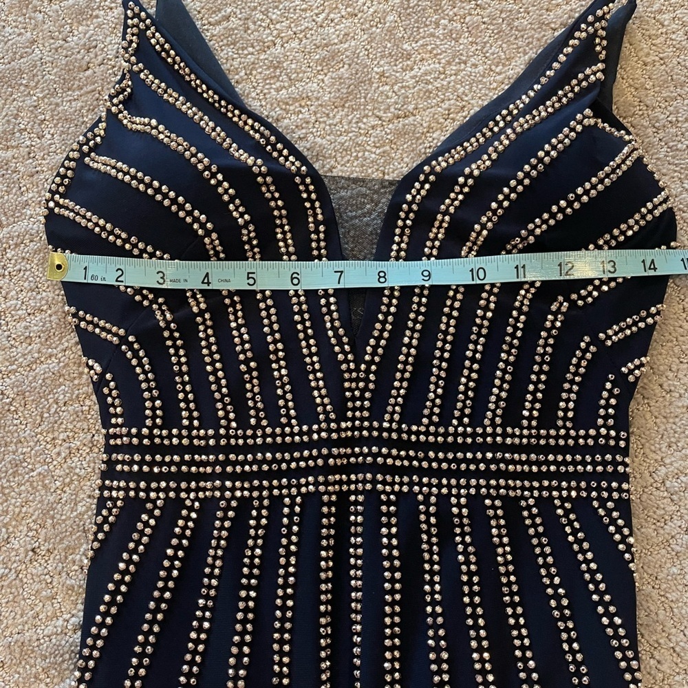 Xscape Beaded Evening Gown, Dark Navy Blue, Deep V, Sheath, Thin Straps, Size 2 - Picture 8 of 16